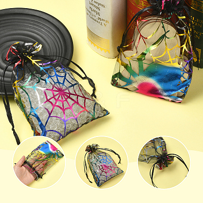 Halloween Theme Spider Printed Organza Drawstring Bags ABAG-WH20021-006F-1