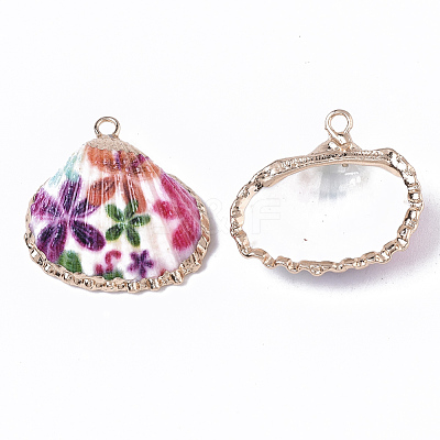 Electroplate Printed Natural Scallop Shell Pendants SSHEL-R047-04-A06-1