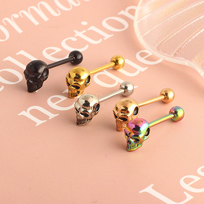 Skull 304 Stainless Steel Straight Barbell 15 Gauge Piercing Tongue Rings for Women Men FS-WG07D05-05-1