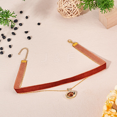 Alloy Resin Oval Pendant Single Face Dark Red Velvet Ribbon & Brass Chain Double Layered Choker Necklaces NJEW-TAC0038-1