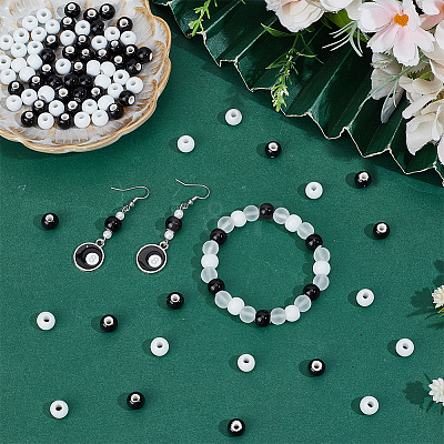 100Pcs 2 Colors Black & White Round Glossy Ceramic Porcelain Beads for Jewelry Making PORC-PA0001-38-1