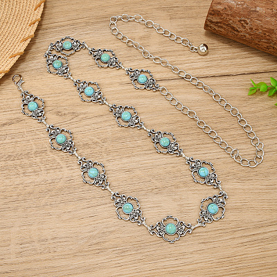 Alloy & Iron & Synthetic Turquoise Flower Link Chain Waist Belly Chains for Women FS-WG44F02-01-1