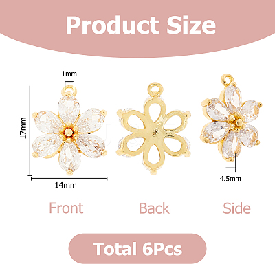 6Pcs Brass Micro Pave Clear Cubic Zirconia Pendants ZIRC-HS0001-07-1