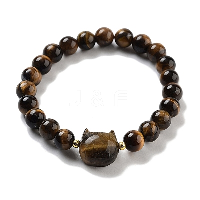 Round & Cat Head Natural Tiger Eye Beaded Stretch Bracelets for Women BJEW-K251-03D-1