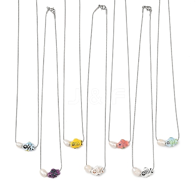 Handmade Porcelain Fish & Natural Cultured Freshwater Pearl Pendant 304 Stainless Steel Round Snake Chain Necklaces for Women NJEW-JN06398-1