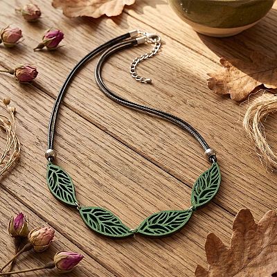 Boho Hollow Wood Leaf Beaded Black Multi-Strand PU Leather Necklaces for Women WGCAA73-01-1