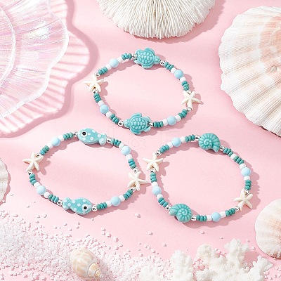 3Pcs Synthetic Turquoise & Porcelain & Dyed Natural Howlite Beads Stretch Bracelets for Women X-BJEW-JB11793-1