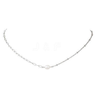 Natural Pearl Rice & 304 Stainless Steel Satellite Chain Paperclip Chain Necklaces for Women NJEW-JN05822-01-1