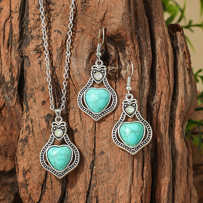 Bohemian Style Zinc Alloy & Synthetic Turquoise Pendant Necklaces & Dangle Earrings Sets WG40DB6-09-1