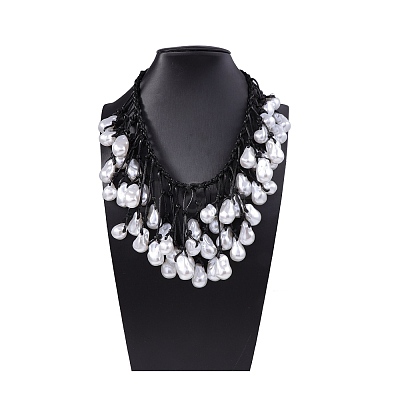 Plastic Baroque Pearl Nuggets Beads Tassel Woven Black Waxed Cord Bib Necklaces for Women FS-WG578A2-02-1