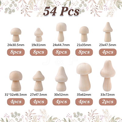 54Pcs 10 Styles Unfinished Wood Mushroom Ornaments DJEW-WR0001-14-1