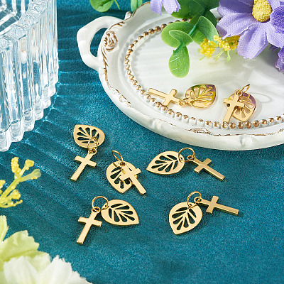 10Pcs Cross with Leaf Brass Pendants PALLOY-TAC0273-1