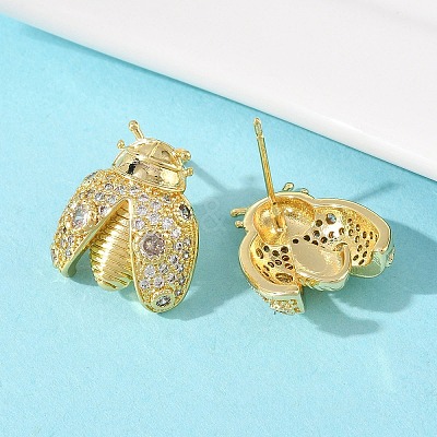 Brass Micro Pave Clear Cubic Zirconia Stud Earrings EJEW-F400-03A-G-1