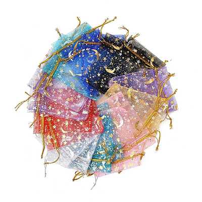 50Pcs 10 Colors Gold Stamping Moon & Star Organza Drawstring Gift Storage Bags ABAG-FS0001-11-1