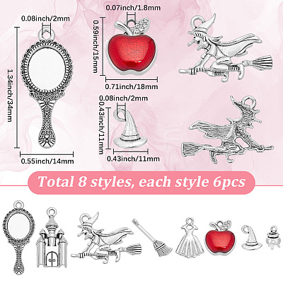 48Pcs 8 Styles Snow White & Witch Theme Tibetan Style Alloy Pendants TIBEP-SC0003-61-1