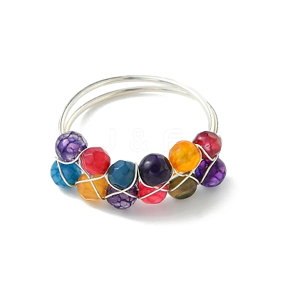 Copper Wire Wrapped Dyed & Heated Natural Agate Round Bead Finger Rings RJEW-JR01035-1