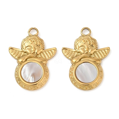 304 Stainless Steel Natural White Shell Pendants STAS-L288-01G-02-1