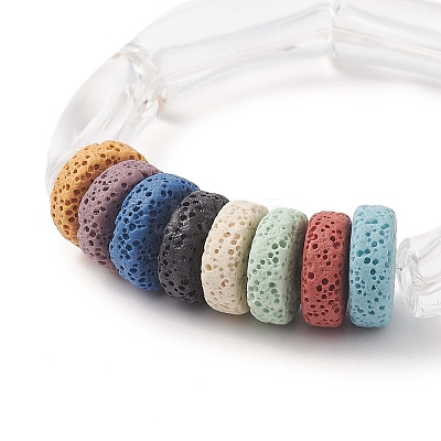 Natural Lava Rock Flat Round & Acrylic Beaded Stretch Bracelet for Women BJEW-JB09253-1