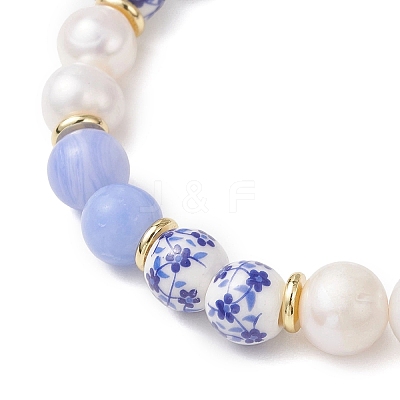 Natural Blue Lace Agate & Cultured Freshwater Pearl & Handmade Porcelain Ceramic Beads Stretch Bracelets for Women BJEW-JB13085-1