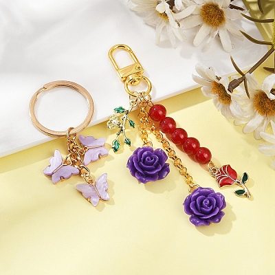 2 Styles Butterfly & Rose Synthetic Coral & Alloy Acrylic/Enamel Pendant Decorations KEYC-YW00182-04-1