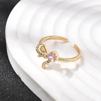 Brass Pave Pink and Clear Cubic Zirconia Cuff Rings RJEW-P173-01G-02-1