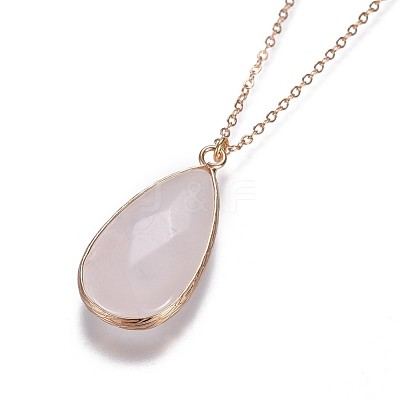 Teardrop Natural Rose Quartz Pendant Necklaces NJEW-JN02321-03-1