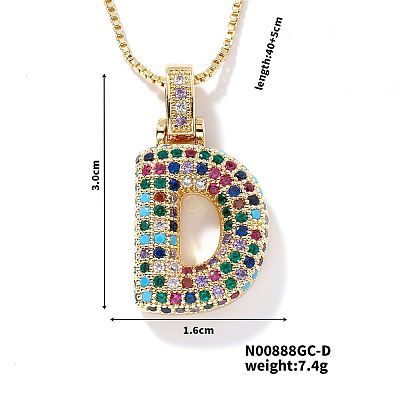 Brass Pave Colorful Cubic Zirconia Letter Pendant Box Chain Necklaces NU0575-4-1