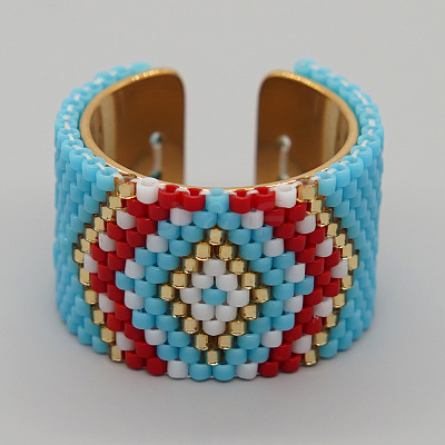 Adjustable Bohemian Style 304 Stainless Steel and Glass Seed Beads Cuff Rings FS-WG09053-17-1