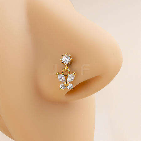 316L Surgical Stainless Steel Micro Pave Clear Cubic Zirconia Butterfly Dangle L-Shaped Nose Rings WG03EB8-02-1