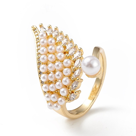 Clear Cubic Zirconia Wing Open Cuff Ring with Plastic Pearl Beaded RJEW-F139-01G-1