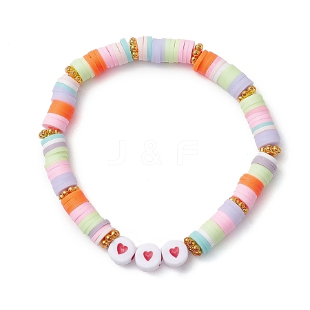 Boho Style Handmade Polymer Clay Disc & Acrylic Heart Beaded Stretch Bracelets for Women BJEW-JB10769-1