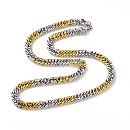 Two Tone Vacuum Plating 201 Stainless Steel Cuban Link Chain Necklace with 304 Stainless Steel Clasps for Men Women NJEW-M194-01E-GP-1