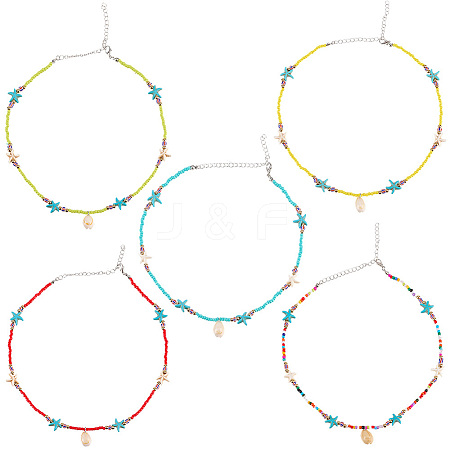 5Pcs 5 Colors Summer Natural Cowrie Shell Pendant Necklaces NJEW-CY0001-04-1