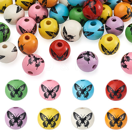 80Pcs 8 Colors Printed Natural Wood Beads WOOD-FW0001-09-1