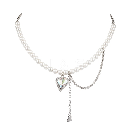Heart Glass Rhinestone Pendant Necklaces NJEW-JN04809-1