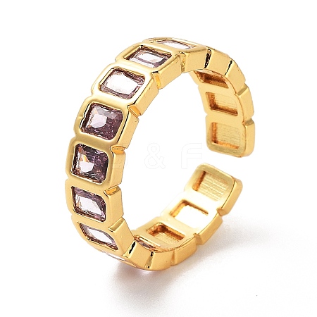 Rectangle Brass Micro Pave Cubic Zirconia Open Cuff Ring for Women RJEW-Z044-04G-02-1