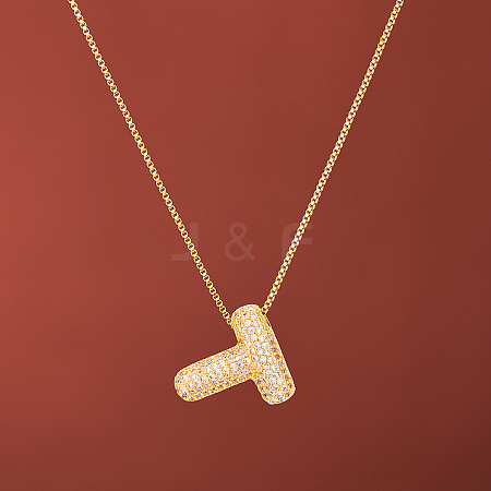 Brass Micro Pave Clear Cubic Zirconia Initial Pendant Necklaces for Women FS-WGDC51D-20-1