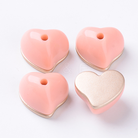  Jewelry Beads Findings Opaque Acrylic Beads, Two Tone, with Rose Gold Plated Flat Plate, Half Drilled, Heart, LightSalmon, 15x18x13.5mm, Half Hole: 2.5mm