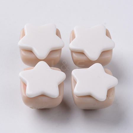  Jewelry Beads Findings Opaque Acrylic Beads, Two Tone, with Star Flat Plate, Half Drilled, Pyramid, White, 16~17x16x13.5mm, Half Hole: 3.5mm