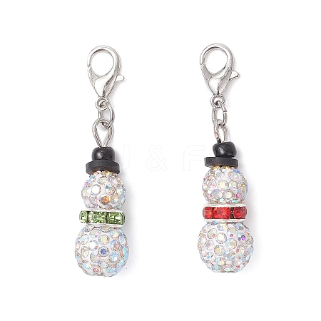 2Pcs Christmas Snowman Pave Disco Ball Beads & Brass Rhinestone Pendant Decorations HJEW-JM04452-1