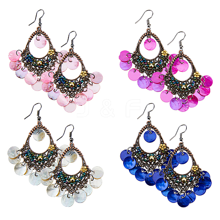 FIBLOOM 4 Pairs 4 Colors Natural Shell Boho Chandelier Earrings EJEW-FI0002-07-1