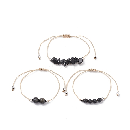 3Pcs 3 Style Natural Obsidian Braided Bead Bracelets Set BJEW-JB09334-03-1