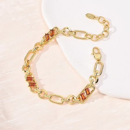 Ring & Paperclip Brass Micro Pave Cubic Zirconia Link Chain Bracelets for Women BJEW-D458-03G-07-1