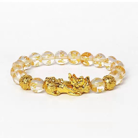 Golden Plated Alloy Pi Xiu 8MM Natural Quartz Crystal Six Word Mantra Round Beaded Stretch Bracelet for Men QJ0349-3-1