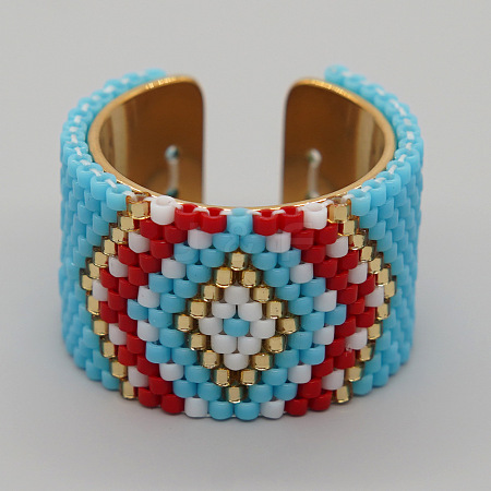 Adjustable Bohemian Style 304 Stainless Steel and Glass Seed Beads Cuff Rings FS-WG09053-17-1