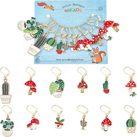 12Pcs 12 Style Cactus & Leaf & Mushroom Alloy Enamel Locking Stitch Markers HJEW-PH01501-1