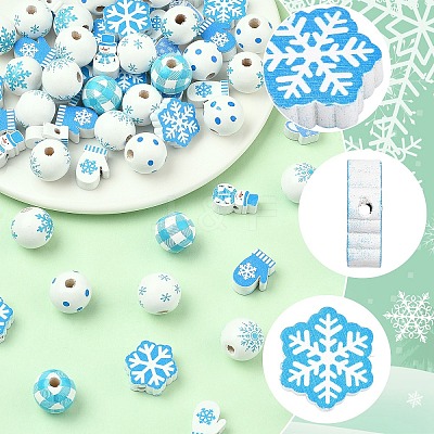 110Pcs 11 Styles Christmas Winter Theme Printed Wood Beads WOOD-YW0001-92-1