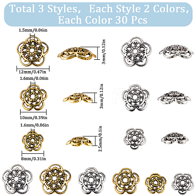 180Pcs 6 Style Tibetan Style Alloy Flower Bead Caps FIND-SC0008-77-1