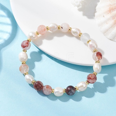Natural Red Ferruginous Quartz & Cultured Freshwater Pearl Beads Stretch Bracelets for Women BJEW-JB13258-1