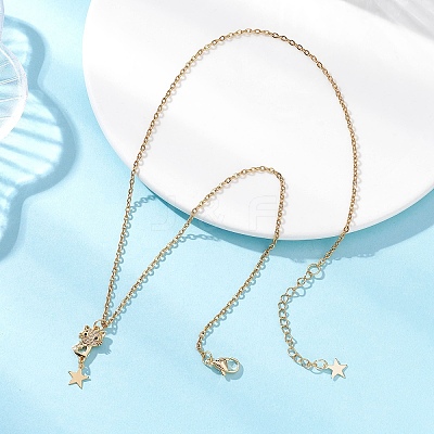 Cat with Star Brass Micro Pave Clear Cubic Zirconia Pendant 304 Stainless Steel Cable Chain Necklaces for Women NJEW-JN05716-1